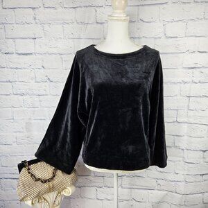 DKNY Sport Size Small Black Velvet Velour Wide 3/4 Sleeve Pullover Top Shirt